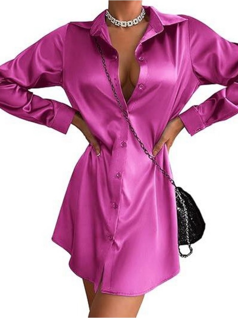 Satin Button-Front Shirt Dress - Fuchsia Pink